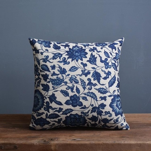 Throw Pillow Cover 18x18 Inches Blue Porcelain Print Linen Cotton Hidden Zipper for Couch Bedroom Chair Soft Textured Decorative Cushion Cas