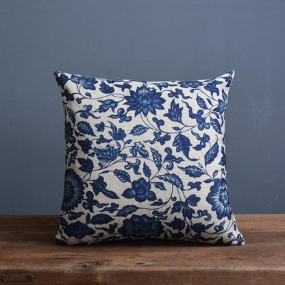 Throw Pillow Cover 18x18 Inches Blue Porcelain Print Linen Cotton Hidden Zipper for Couch Bedroom Chair Soft Textured Decorative Cushion Cas