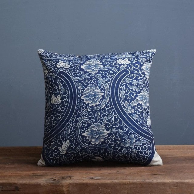 Throw Pillow Cover 18x18 Inches Blue Porcelain Print Linen Cotton Hidden Zipper for Couch Bedroom Chair Soft Textured Decorative Cushion Cas