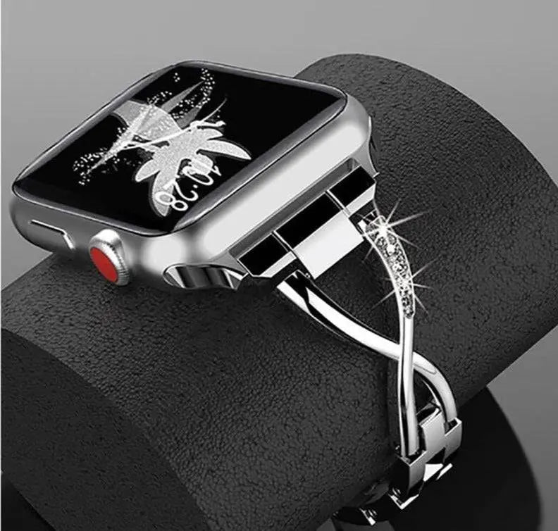 Jewelry-Style Steel Watch Band & Protective Case Bundle for Apple Watch Series – Coordinated Finish & Snap-On Installation