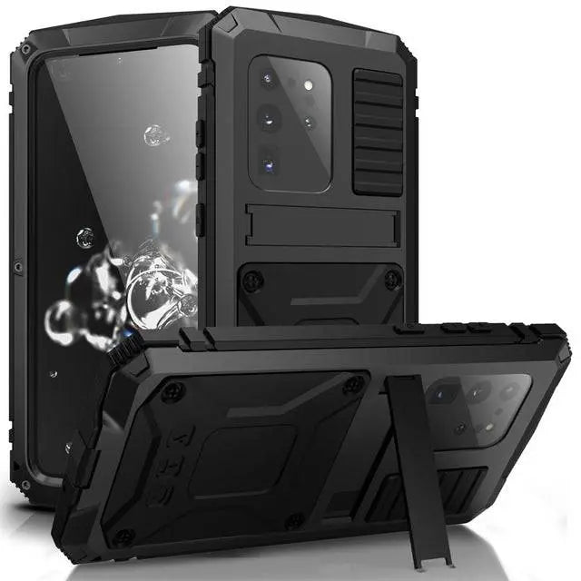 Heavy-Duty Aluminum Galaxy S20 Plus & Ultra Case with Tempered Glass Screen – Full-Body Drop Protection for Samsung