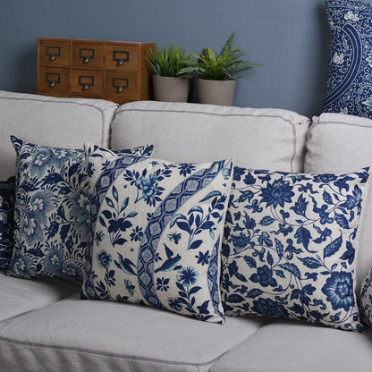 Throw Pillow Cover 18x18 Inches Blue Porcelain Print Linen Cotton Hidden Zipper for Couch Bedroom Chair Soft Textured Decorative Cushion Cas