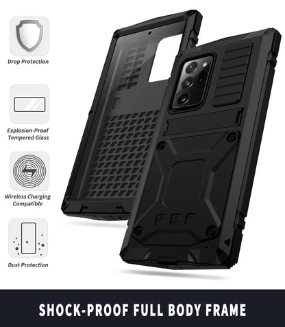 Heavy-Duty Aluminum Phone Case for Galaxy Note 20 & Note 20 Ultra – Tempered Glass Screen Guard, Built-In Kickstand, Scratch-Resistant