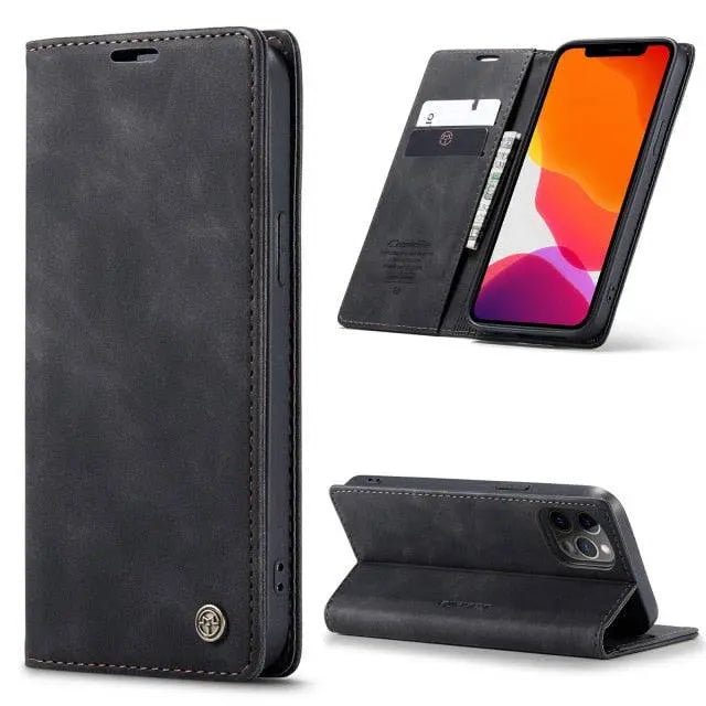 iPhone 12 Leather Wallet Phone Case with Card Slots – Fitted Protection for 12 Mini, Pro & Pro Max – Raised Edge Design for Camera &