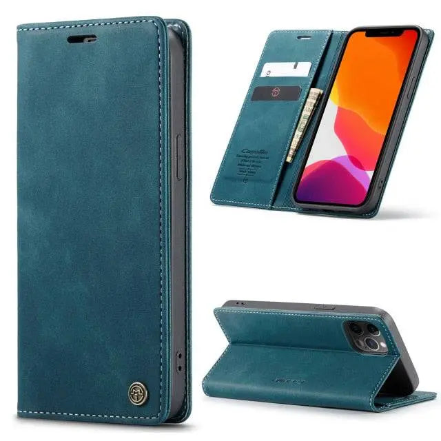 iPhone 12 Leather Wallet Phone Case with Card Slots – Fitted Protection for 12 Mini, Pro & Pro Max – Raised Edge Design for Camera &