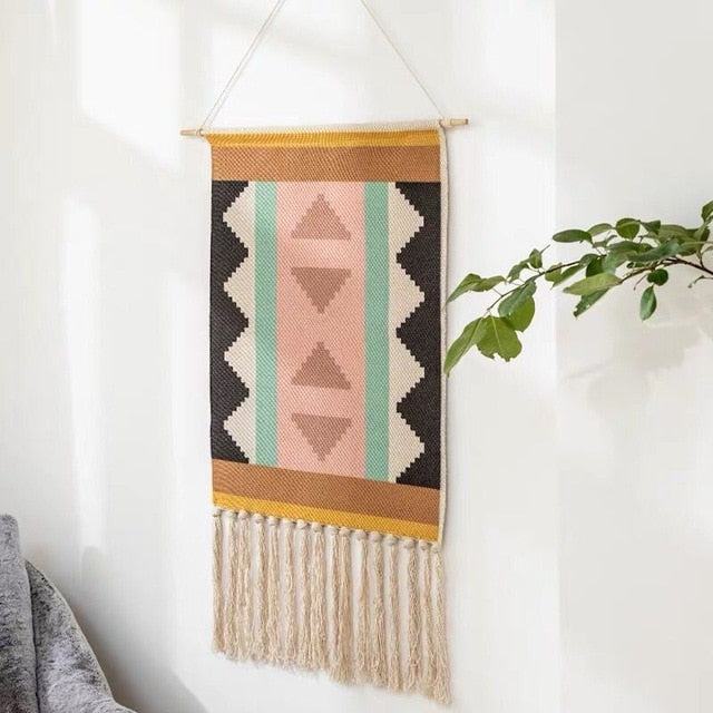 Handwoven Geometric Wall Hanging Tapestry with Tassel Fringe for Living Room, Bedroom & Boho Home Decor
