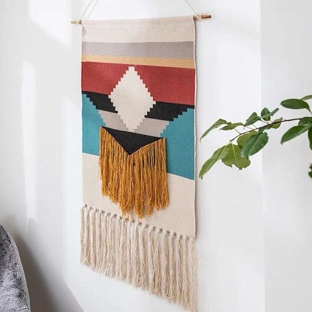 Handwoven Geometric Wall Hanging Tapestry with Tassel Fringe for Living Room, Bedroom & Boho Home Decor