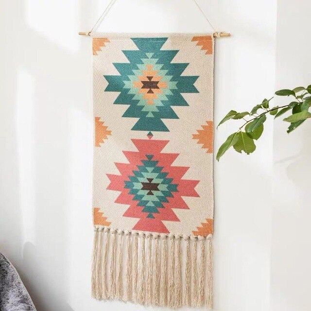 Handwoven Geometric Wall Hanging Tapestry with Tassel Fringe for Living Room, Bedroom & Boho Home Decor