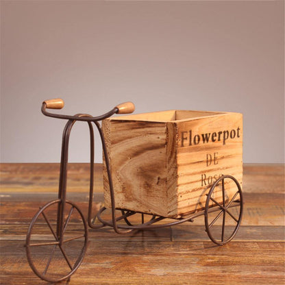 Wrought Iron Tricycle with Wooden Planter Stand