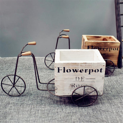 Wrought Iron Tricycle with Wooden Planter Stand