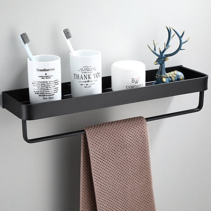 Floating Aluminum Storage Rack for Bathroom & Kitchen Organization | Space-Saving Wall Shelf with Towel Bar | Black Metal Organizer for Smal