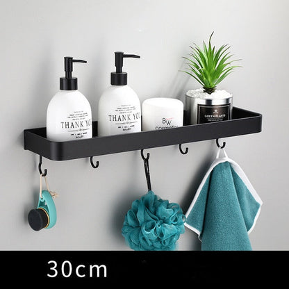 Floating Aluminum Storage Rack for Bathroom & Kitchen Organization | Space-Saving Wall Shelf with Towel Bar | Black Metal Organizer for Smal