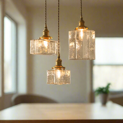 Hanging Fixture with Clear Textured Glass Globe & Brass Socket – 10 in Shade for Dining Table or Kitchen – Warm Ambient Overhead Lighting
