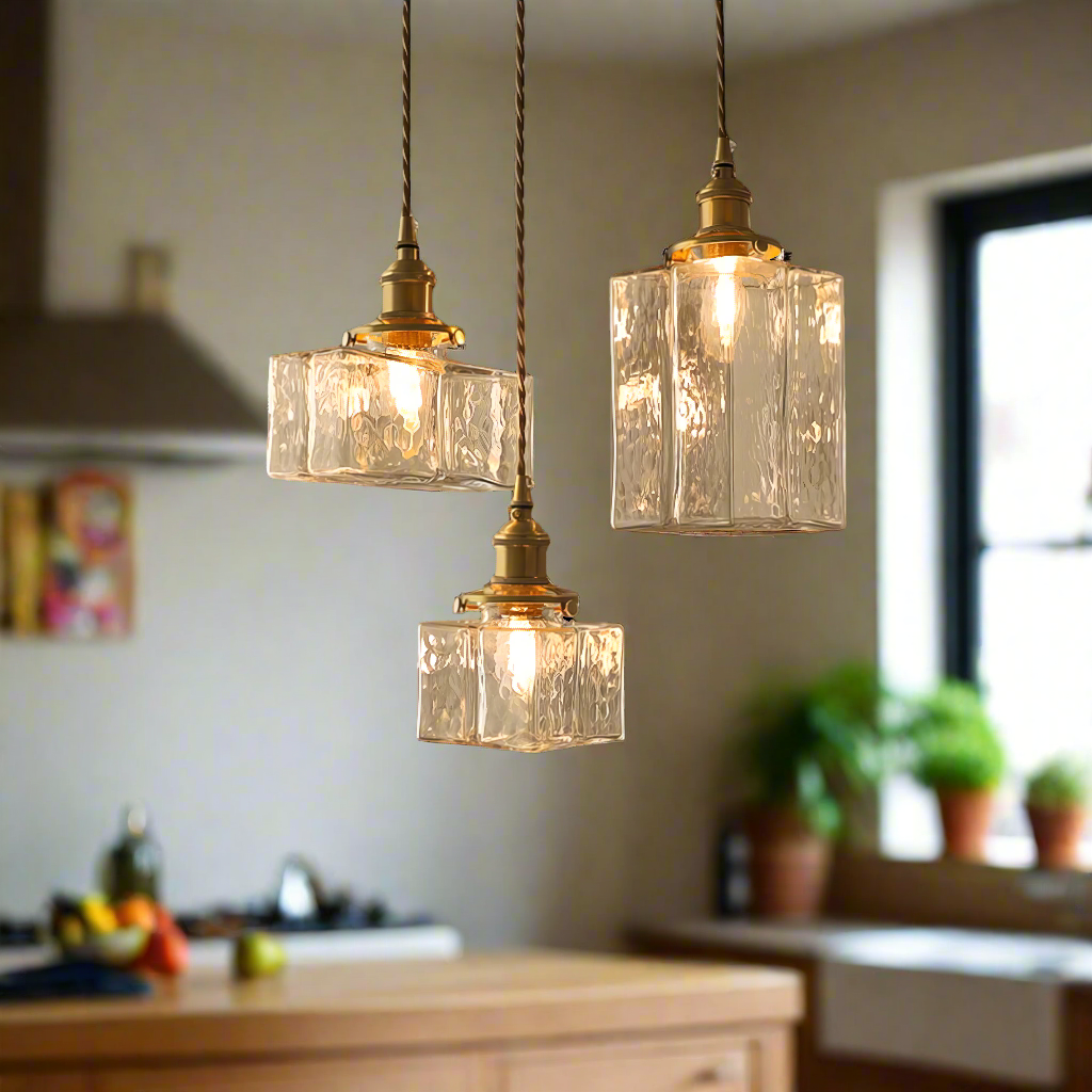 Hanging Fixture with Clear Textured Glass Globe & Brass Socket – 10 in Shade for Dining Table or Kitchen – Warm Ambient Overhead Lighting