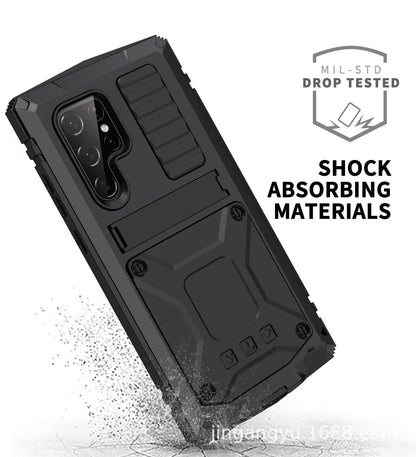 Metal Aluminum Phone Case with Kickstand & Glass Screen Protector for Galaxy S22 Series – Shockproof Full-Body Armor Shell