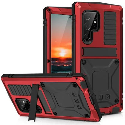 Metal Aluminum Phone Case with Kickstand & Glass Screen Protector for Galaxy S22 Series – Shockproof Full-Body Armor Shell