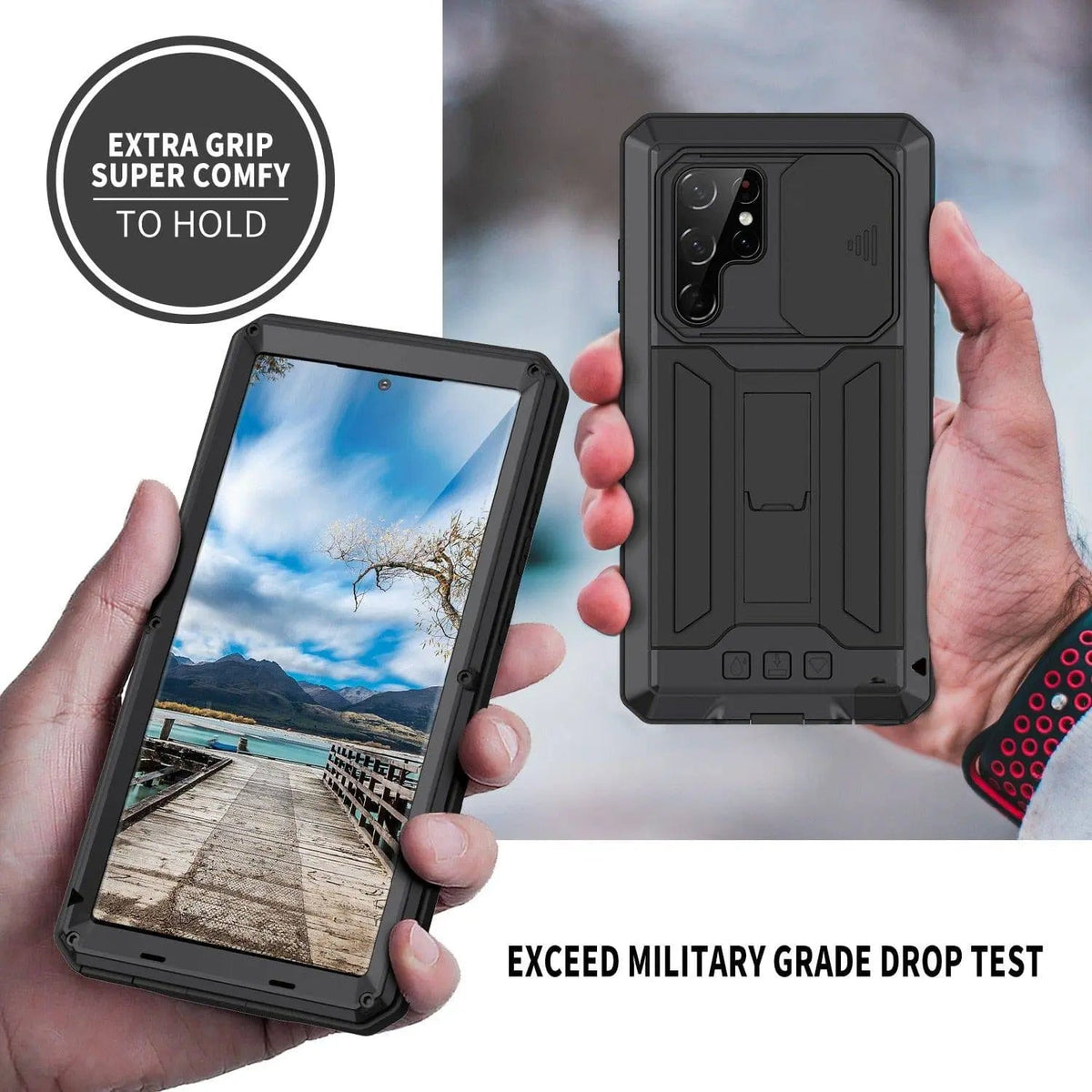 Heavy-Duty Aluminum Shell Phone Case with Built-In Kickstand & Screen Guard for Samsung Galaxy S22, S22 Plus & S22 Ultra