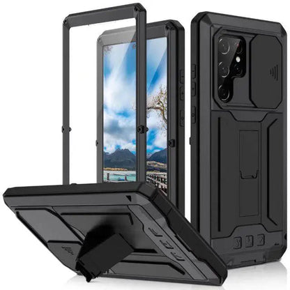 Heavy-Duty Aluminum Shell Phone Case with Built-In Kickstand & Screen Guard for Samsung Galaxy S22, S22 Plus & S22 Ultra