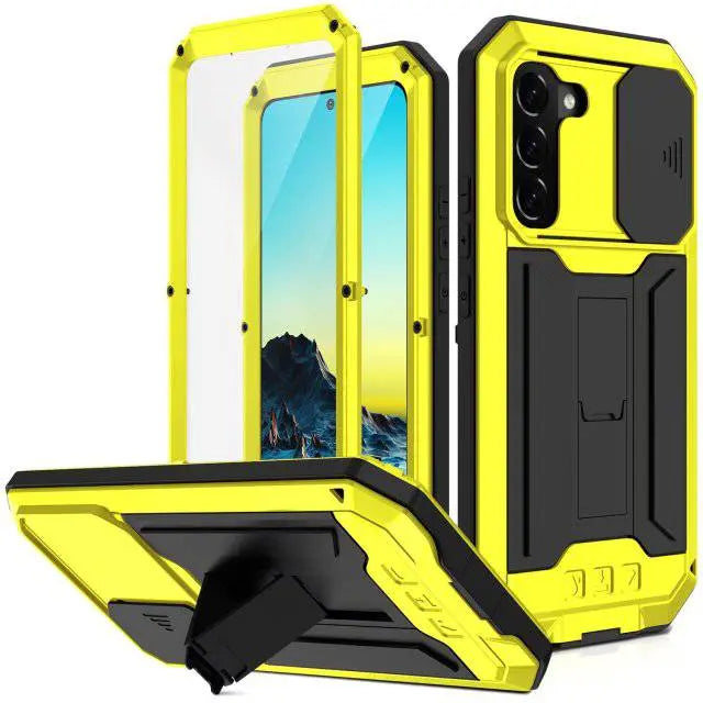 Heavy-Duty Aluminum Shell Phone Case with Built-In Kickstand & Screen Guard for Samsung Galaxy S22, S22 Plus & S22 Ultra