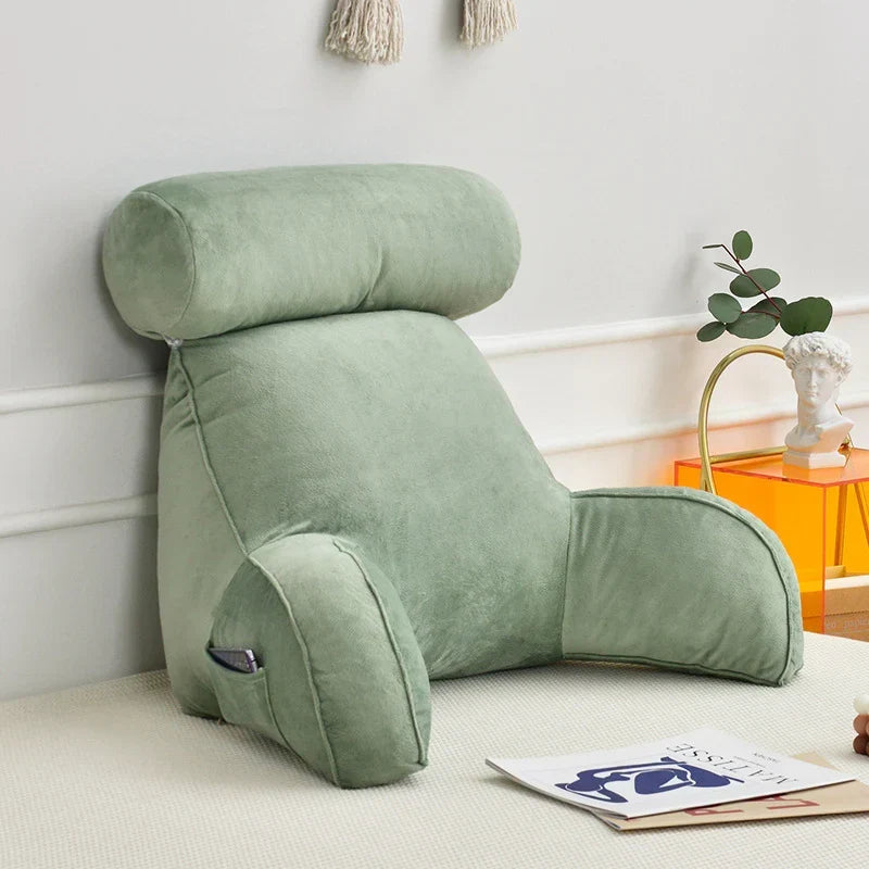 Backrest Cushion with Armrests for Lounging in Bed – Lumbar Support Pillow for TV & Books – Machine Washable Cover, Side Pocket