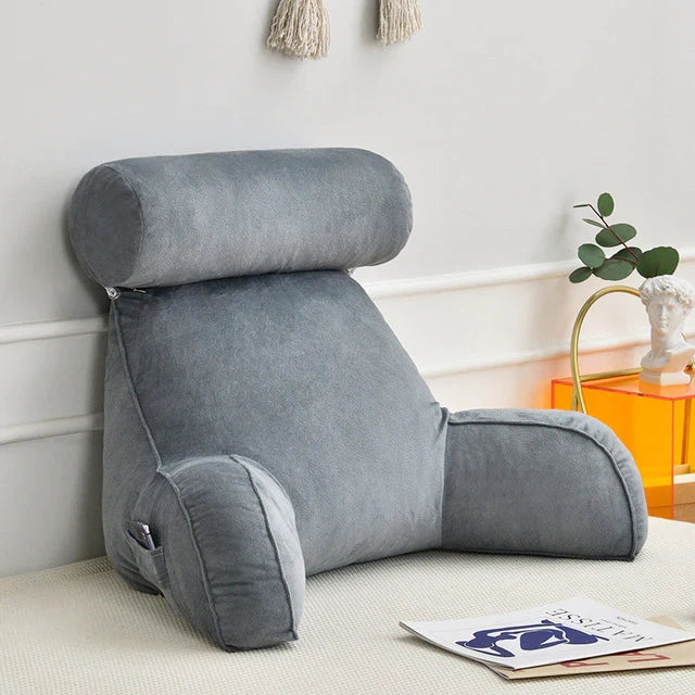 Backrest Cushion with Armrests for Lounging in Bed – Lumbar Support Pillow for TV & Books – Machine Washable Cover, Side Pocket