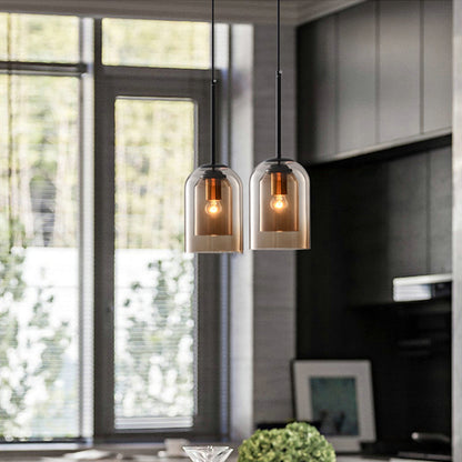 Dual-Layer Glass Pendant Light 6 in Smoke Gray E27 Socket Hanging Lamp Adjustable 59 in Cord for Dining Table Kitchen Island Ceiling Fixture