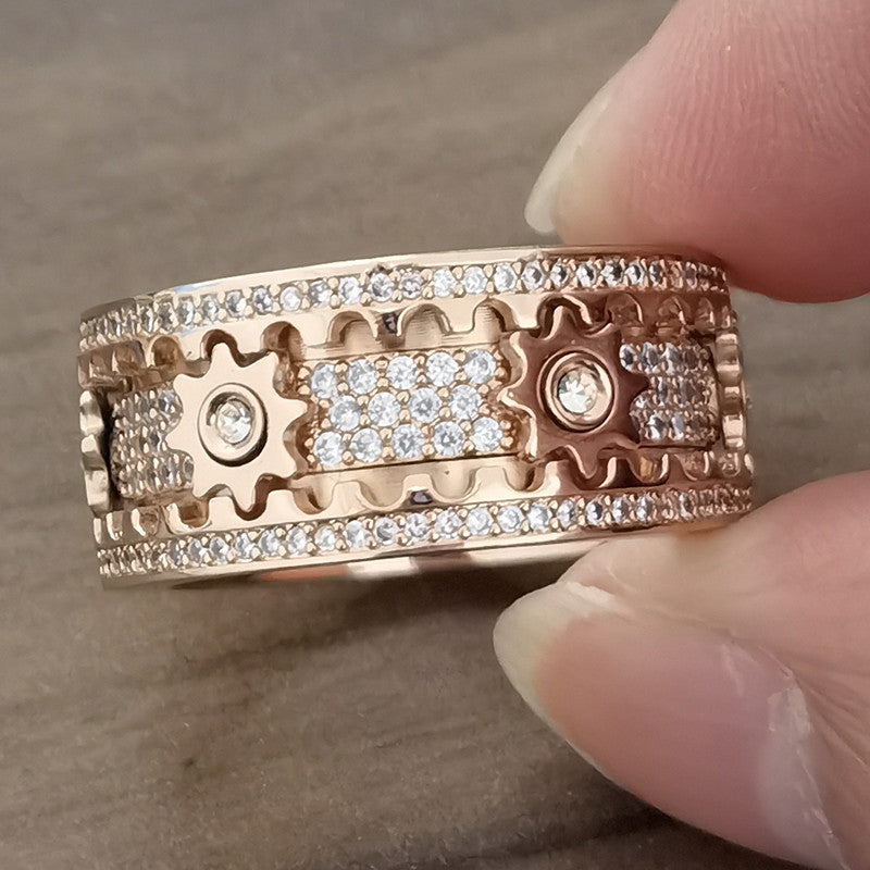 Rotating Gear Ring with 6 Moving Cogs – Stainless Steel Fidget Spinner Ring with Cubic Zirconia Stones for Focus & Stress Relief