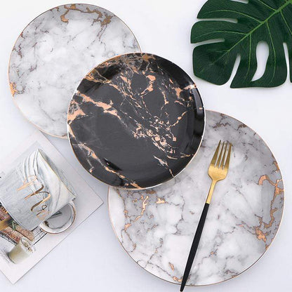 Porcelain Appetizer Plates with Faux Marble Pattern & Metallic Accent – 8 in & 10 in Serving Dishes for Salad, Dessert & Entrees
