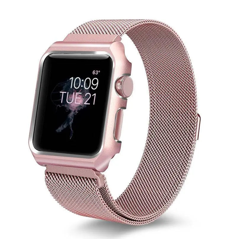 Stainless Steel Mesh Band & Protective Case Bundle for Apple Watch 38mm 40mm 42mm 44mm – Magnetic Adjustable Strap with Coordinated Cover