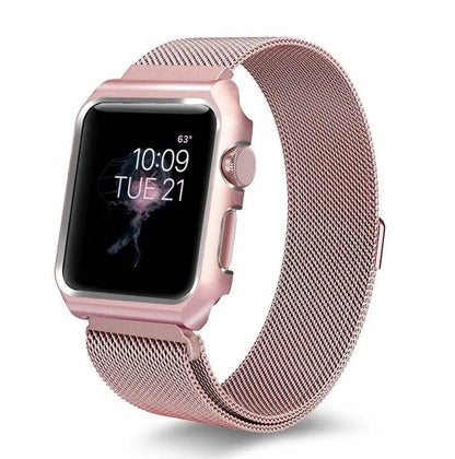 Stainless Steel Mesh Band & Protective Case Bundle for Apple Watch 38mm 40mm 42mm 44mm – Magnetic Adjustable Strap with Coordinated Cover