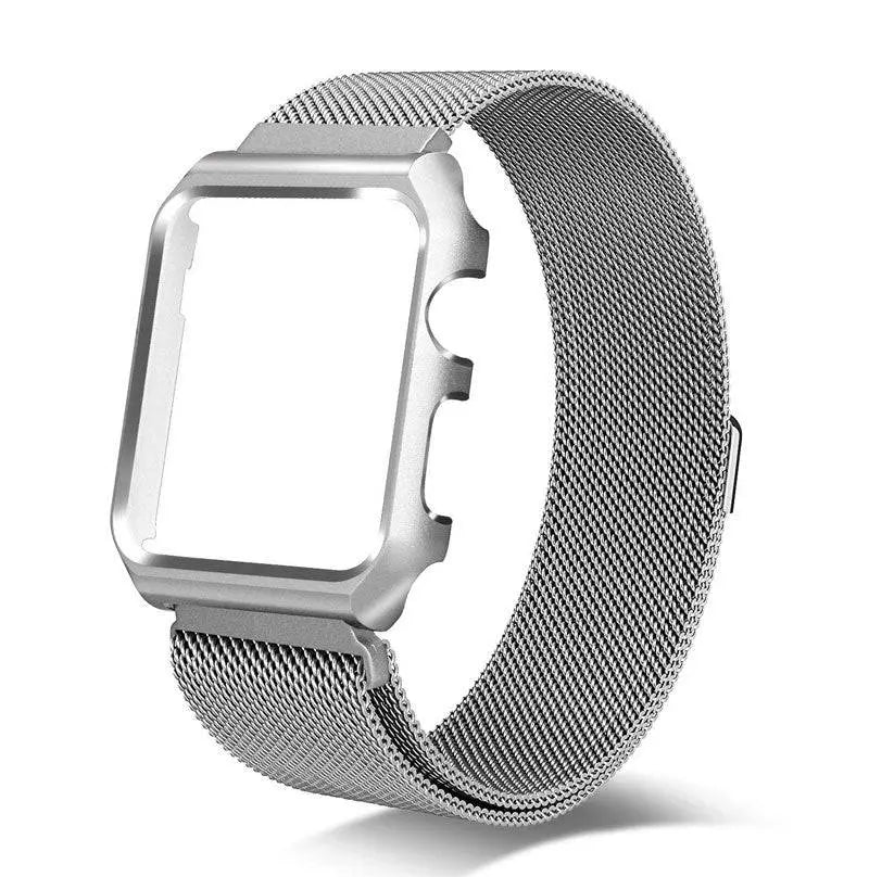 Stainless Steel Mesh Band & Protective Case Bundle for Apple Watch 38mm 40mm 42mm 44mm – Magnetic Adjustable Strap with Coordinated Cover