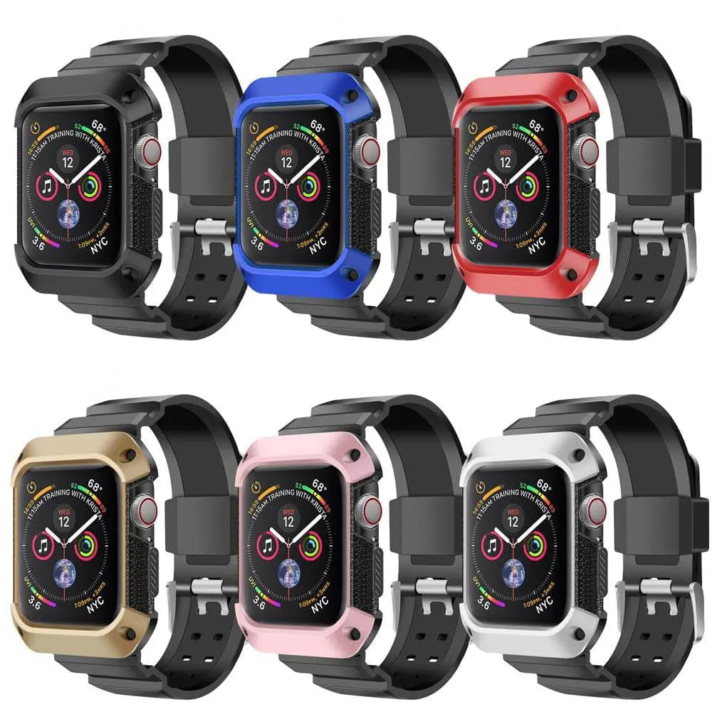 Protective Sport Strap with Bumper Case for Apple Watch – Rugged Wristband with Shock-Absorbing Frame – Compatible with 38/40/41/42mm and