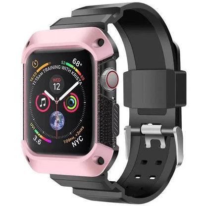 Protective Sport Strap with Bumper Case for Apple Watch – Rugged Wristband with Shock-Absorbing Frame – Compatible with 38/40/41/42mm and