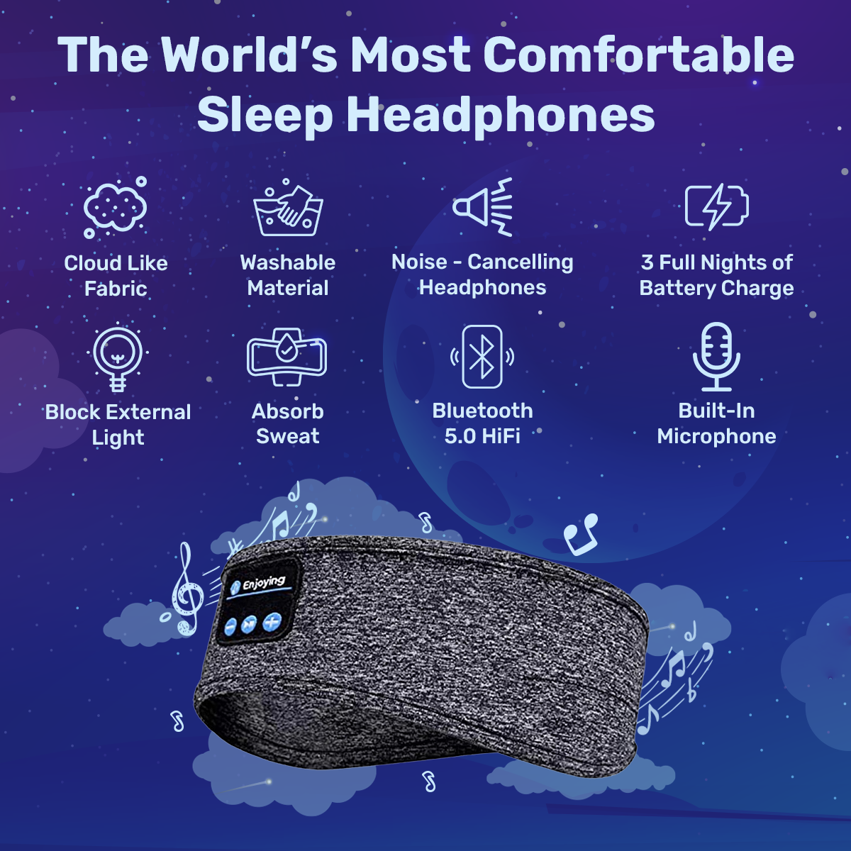 Sleep Headband Headphones Soft Washable Wireless Bluetooth for Insomnia Snoring Noise Blocking Meditation Travel Headset Gray Black