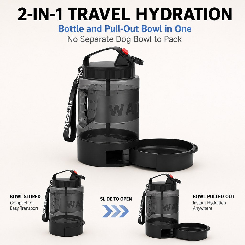 Ortekor 2.2L Portable Dog Travel Water Bottle with Pull-Out Bowl - Fewer Refills for Hiking, Camping & Road Trips