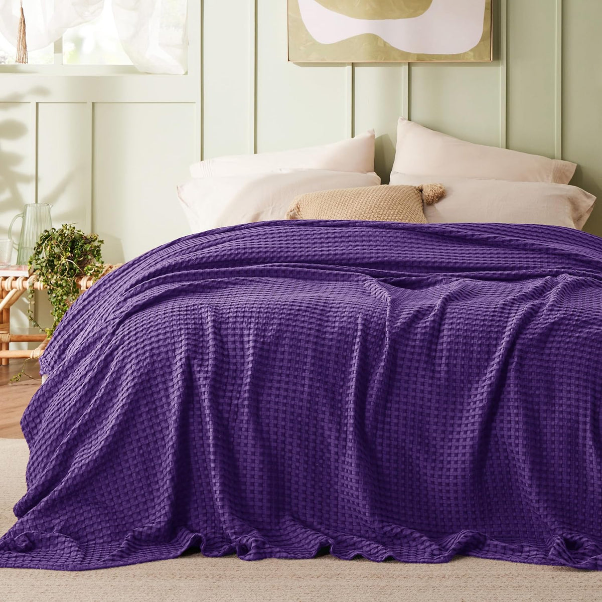Cozy Haven | Couverture Queen légère en coton et bambou à tissage gaufré rafraîchissant | Jeté d'été doux pour ceux qui ont chaud la nuit