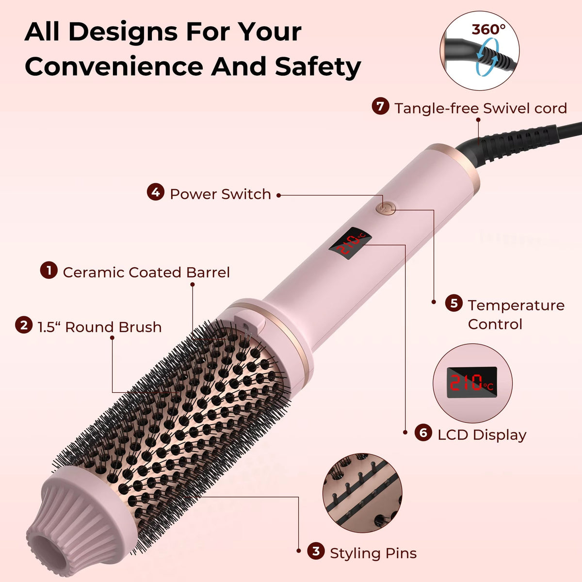 3-in-1 Heated Styling Brush with Ionic Technology for Smooth, Frizz-Free Hair – Fast Heat, 9 Temperature Levels – Multi-Function Curling &
