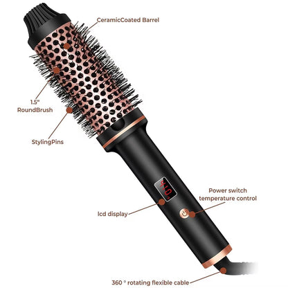 3-in-1 Heated Styling Brush with Ionic Technology for Smooth, Frizz-Free Hair – Fast Heat, 9 Temperature Levels – Multi-Function Curling &