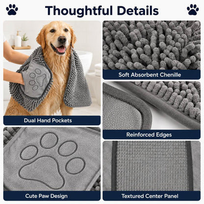 Ortekor Quick-Drying Pet Towel for Bath Time & Rainy Walks - Soft Chenille Mitt for Wet Fur & Muddy Paws