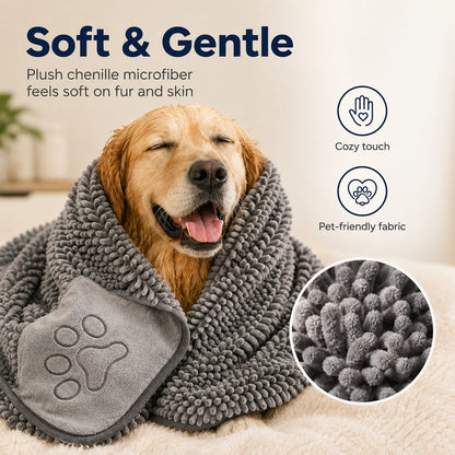 Ortekor Quick-Drying Pet Towel for Bath Time & Rainy Walks - Soft Chenille Mitt for Wet Fur & Muddy Paws