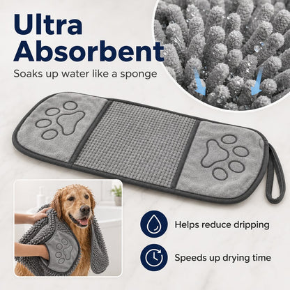 Ortekor Quick-Drying Pet Towel for Bath Time & Rainy Walks - Soft Chenille Mitt for Wet Fur & Muddy Paws
