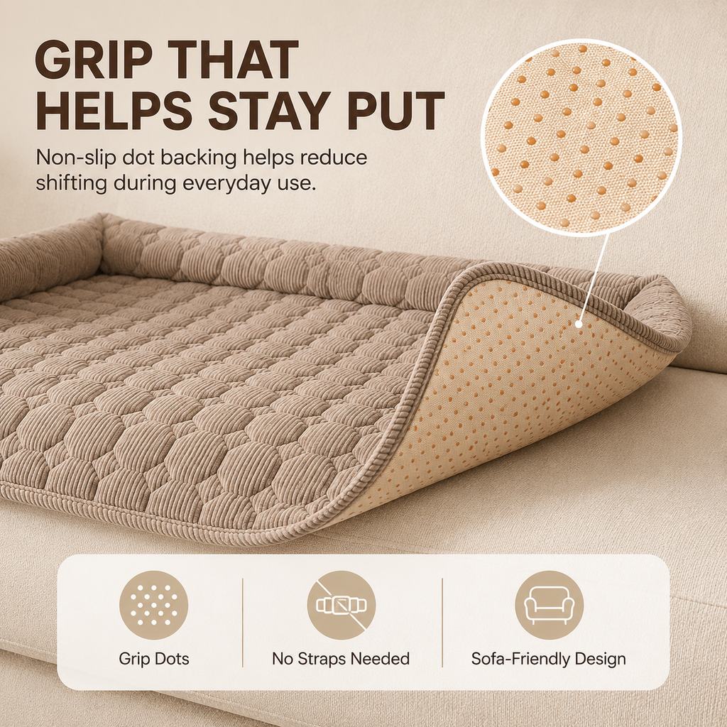 Ortekor Quilted Pet Couch Bed & Sofa Protector for Dogs & Cats – 3-Sided Bolster Corduroy Lounger with Non-Slip Backing for Couch, Floor & Bedroom – Helps Reduce Fur & Everyday Sofa Mess