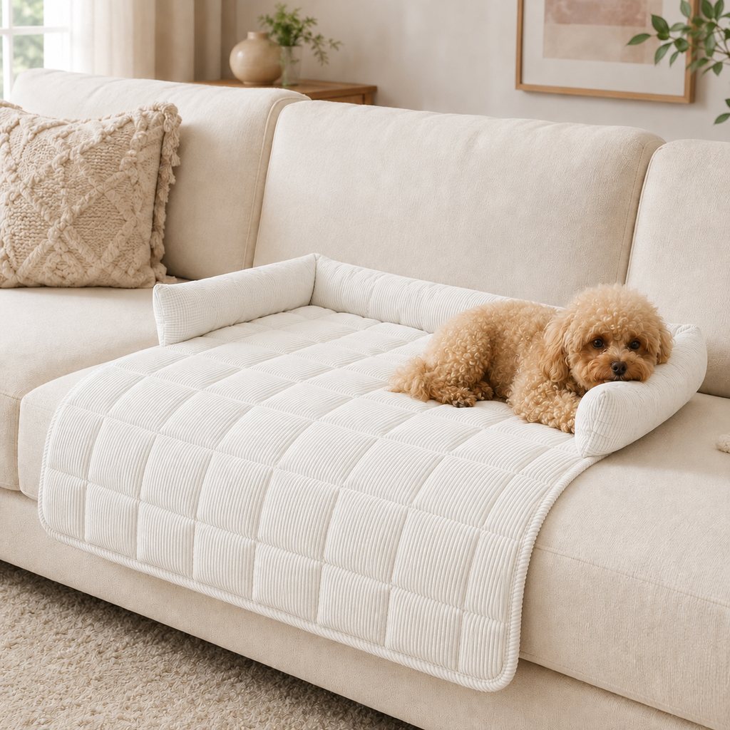 Ortekor Quilted Pet Couch Bed & Sofa Protector for Dogs & Cats – 3-Sided Bolster Corduroy Lounger with Non-Slip Backing for Couch, Floor & Bedroom – Helps Reduce Fur & Everyday Sofa Mess