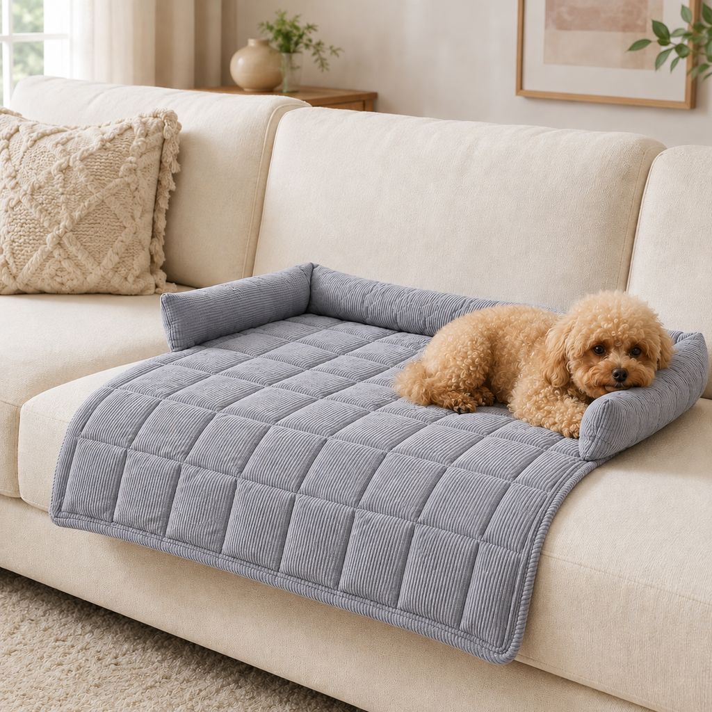 Ortekor Quilted Pet Couch Bed & Sofa Protector for Dogs & Cats – 3-Sided Bolster Corduroy Lounger with Non-Slip Backing for Couch, Floor & Bedroom – Helps Reduce Fur & Everyday Sofa Mess