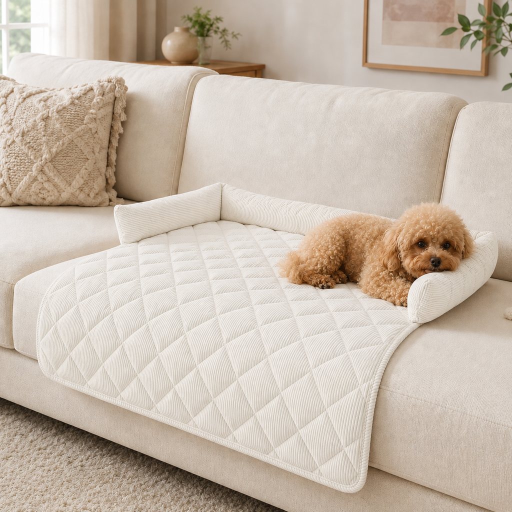 Ortekor Quilted Pet Couch Bed & Sofa Protector for Dogs & Cats – 3-Sided Bolster Corduroy Lounger with Non-Slip Backing for Couch, Floor & Bedroom – Helps Reduce Fur & Everyday Sofa Mess