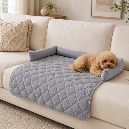 Ortekor Quilted Pet Couch Bed & Sofa Protector for Dogs & Cats – 3-Sided Bolster Corduroy Lounger with Non-Slip Backing for Couch, Floor & Bedroom – Helps Reduce Fur & Everyday Sofa Mess