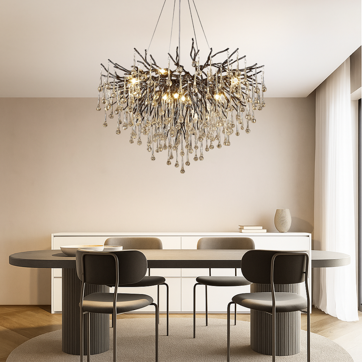 Crystal Raindrop Chandelier Black Aluminum Ring Warm LED High Ceiling Entryway Dining Room Modern Cascade Lighting Fixture
