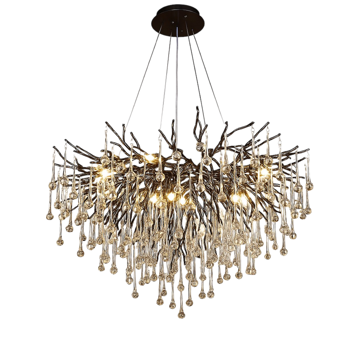 Crystal Raindrop Chandelier Black Aluminum Ring Warm LED High Ceiling Entryway Dining Room Modern Cascade Lighting Fixture