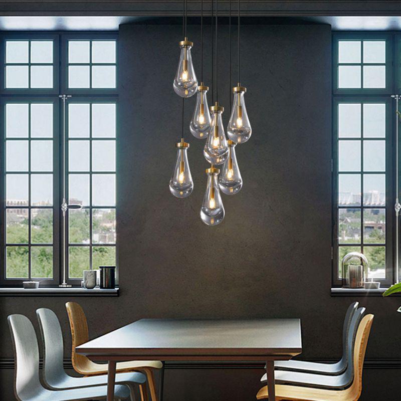 5-Light Glass Drop Chandelier, 14 Inch Round Ceiling Fixture with Cascading Crystal Pendants for Dining Room & Entryway