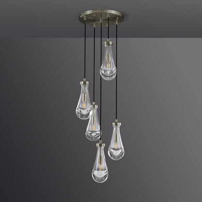 5-Light Glass Drop Chandelier, 14 Inch Round Ceiling Fixture with Cascading Crystal Pendants for Dining Room & Entryway
